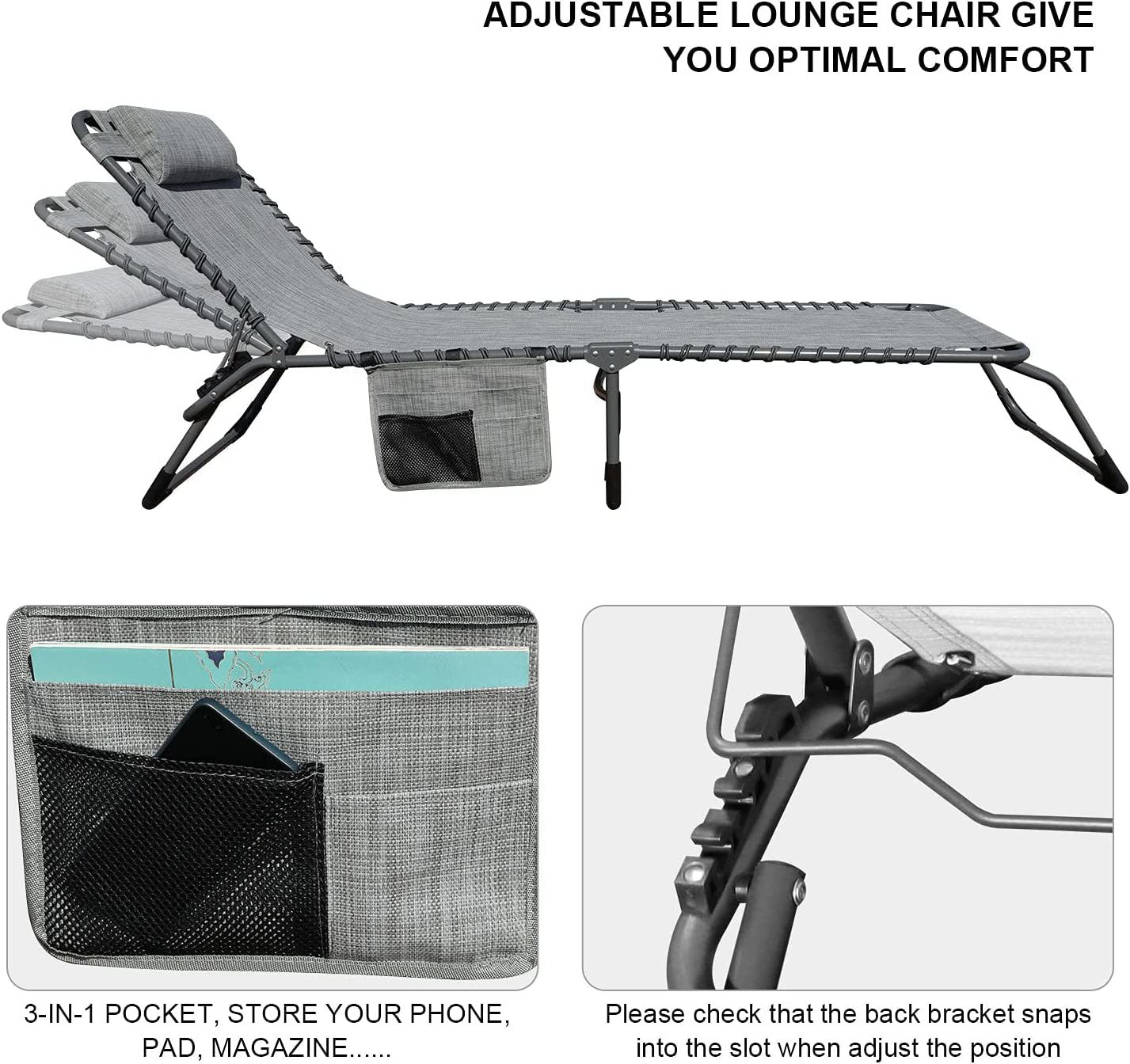 Foldable Patio Chaise Lounge Chair for Outdoor with Detachable Pocket and Pillow, Portable Adjustable Sun Lounger Recliner for Beach, Camping and Pool Doba